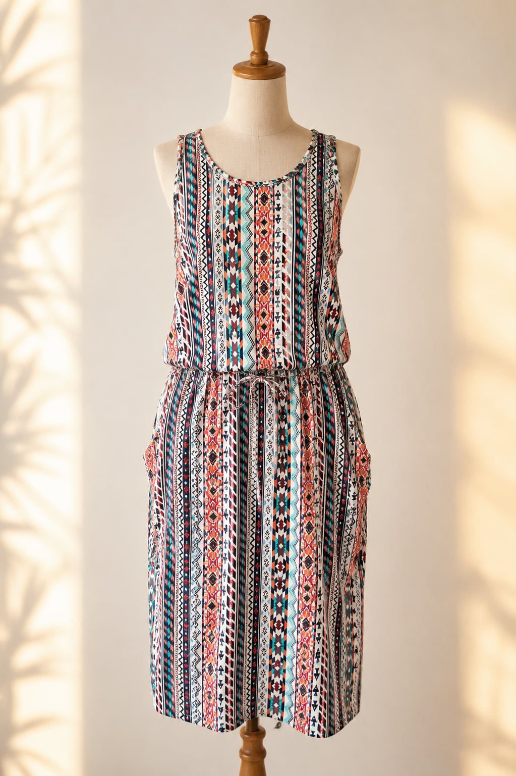 Lascana Nwt Tribal Aztec Print Sleeveless Tie Waist Pocket Dress Size 12 Boho